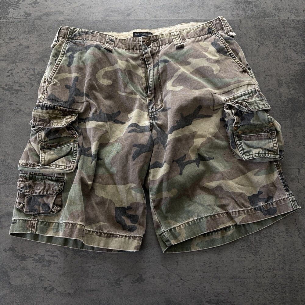 Y2K College Inn Cargo Shorts Mens Camo Green Military Baggy Classic Size 34